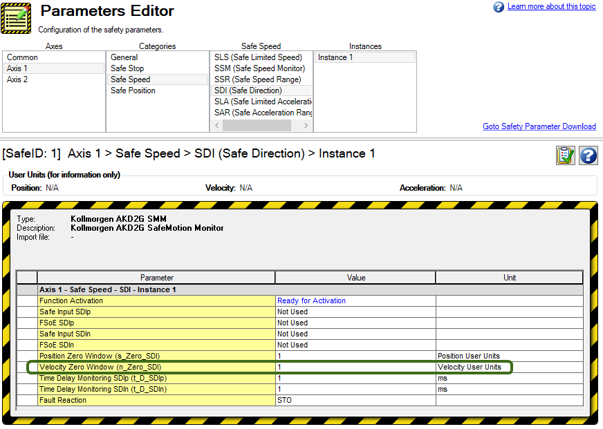 Parameters Editor with the Velocity Zero Window row circled